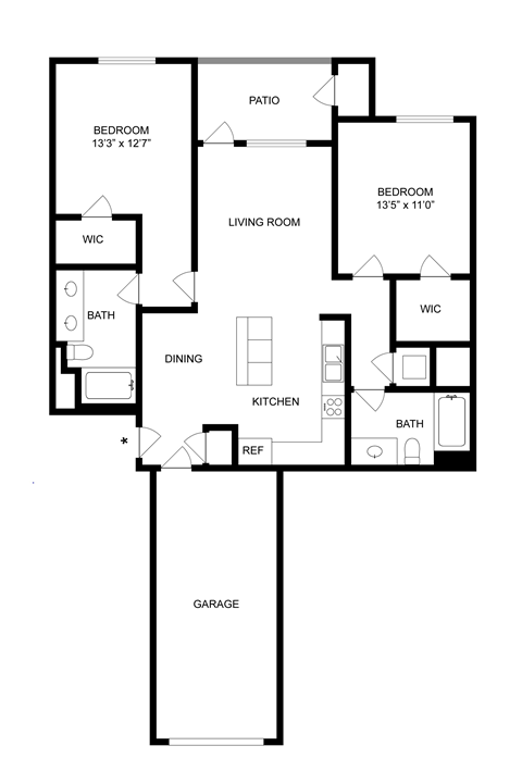 A black and white image of a house floor plan with a garage.